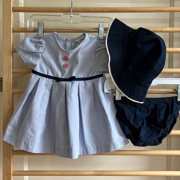 Vintage Cotton Blue & White Striped Dress with red gingham pattern buttons - Picture 1 of 7